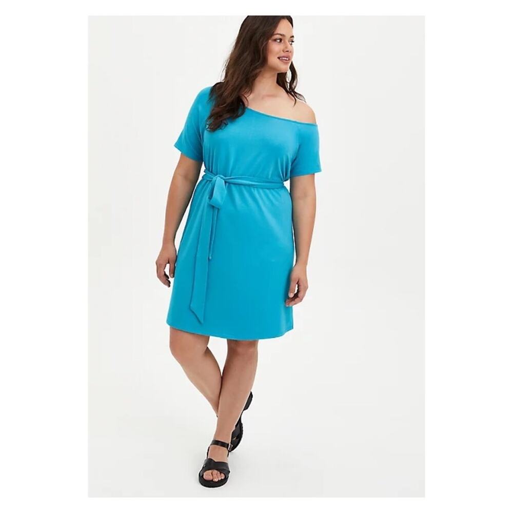 Torrid Teal Blue Off Shoulder French Terry T-Shirt Dress Sz.1